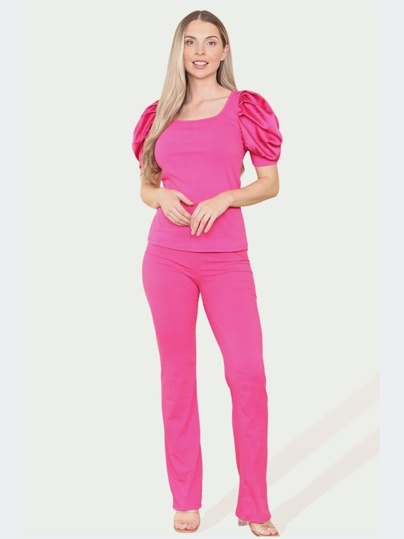 Women Silk Satin Puff Sleeves Co - Ord Top and Bottom Loungewear Suit - Remzs Fashion