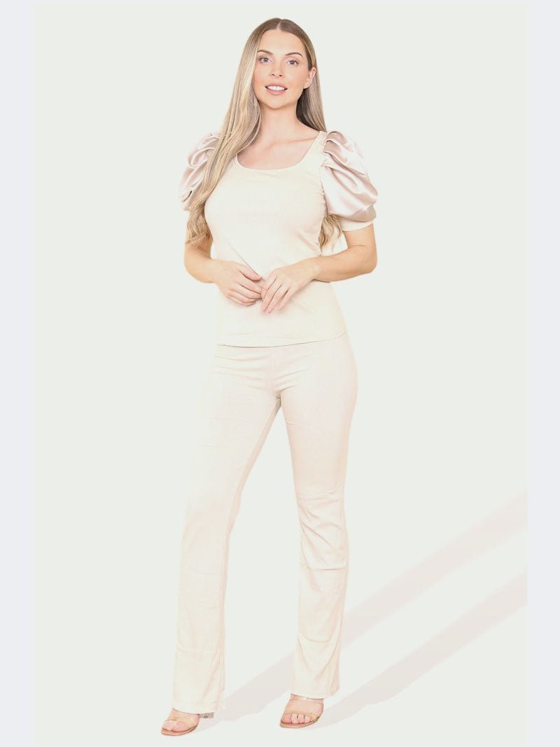 Women Silk Satin Puff Sleeves Co - Ord Top and Bottom Loungewear Suit - Remzs Fashion