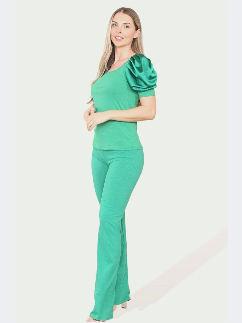 Women Silk Satin Puff Sleeves Co - Ord Top and Bottom Loungewear Suit - Remzs Fashion