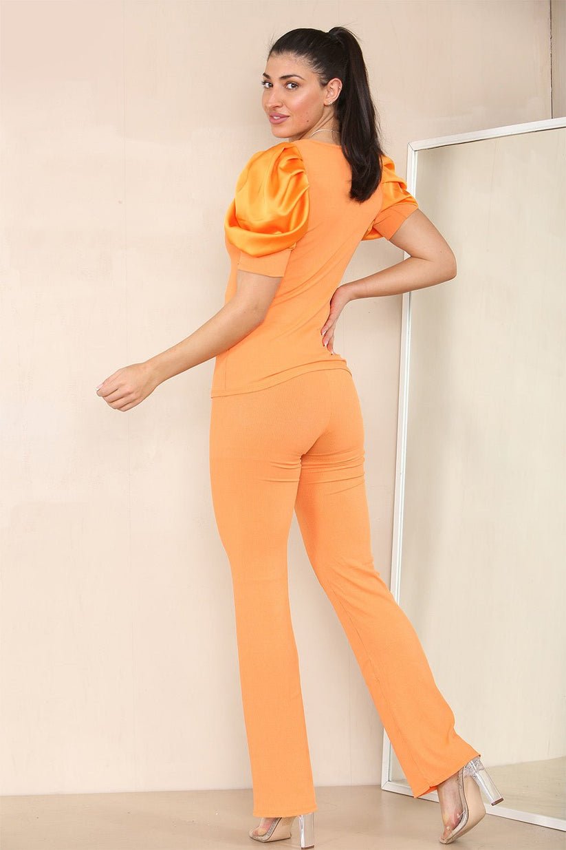 Women Silk Satin Puff Sleeves Co - Ord Top and Bottom Loungewear Suit - Remzs Fashion