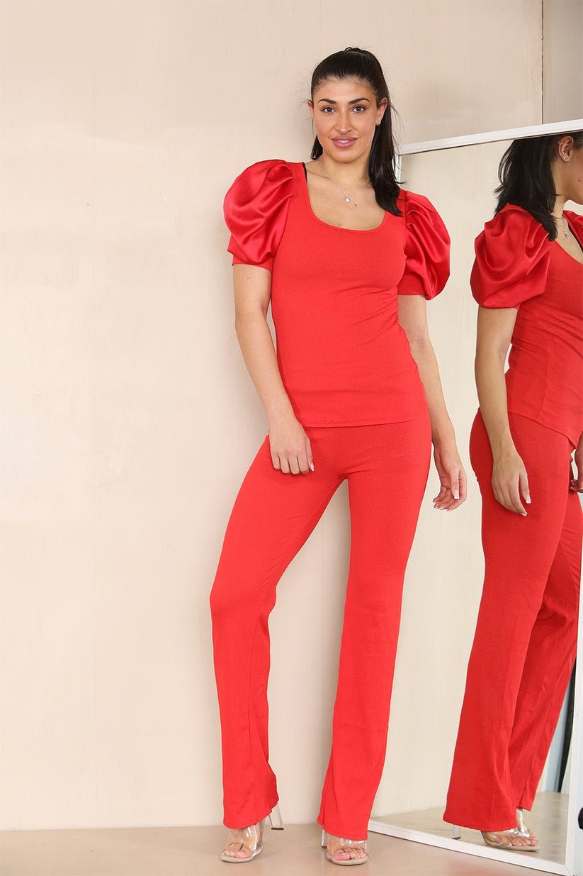 Women Silk Satin Puff Sleeves Co - Ord Top and Bottom Loungewear Suit - Remzs Fashion