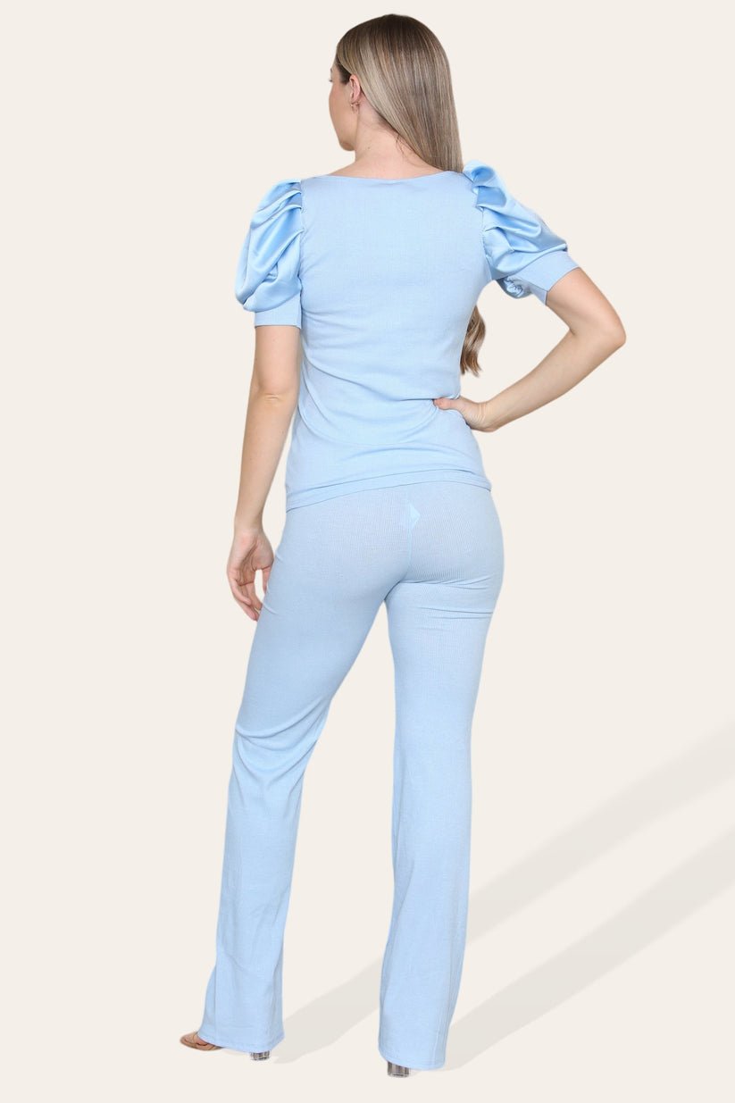 Women Silk Satin Puff Sleeves Co - Ord Top and Bottom Loungewear Suit - Remzs Fashion