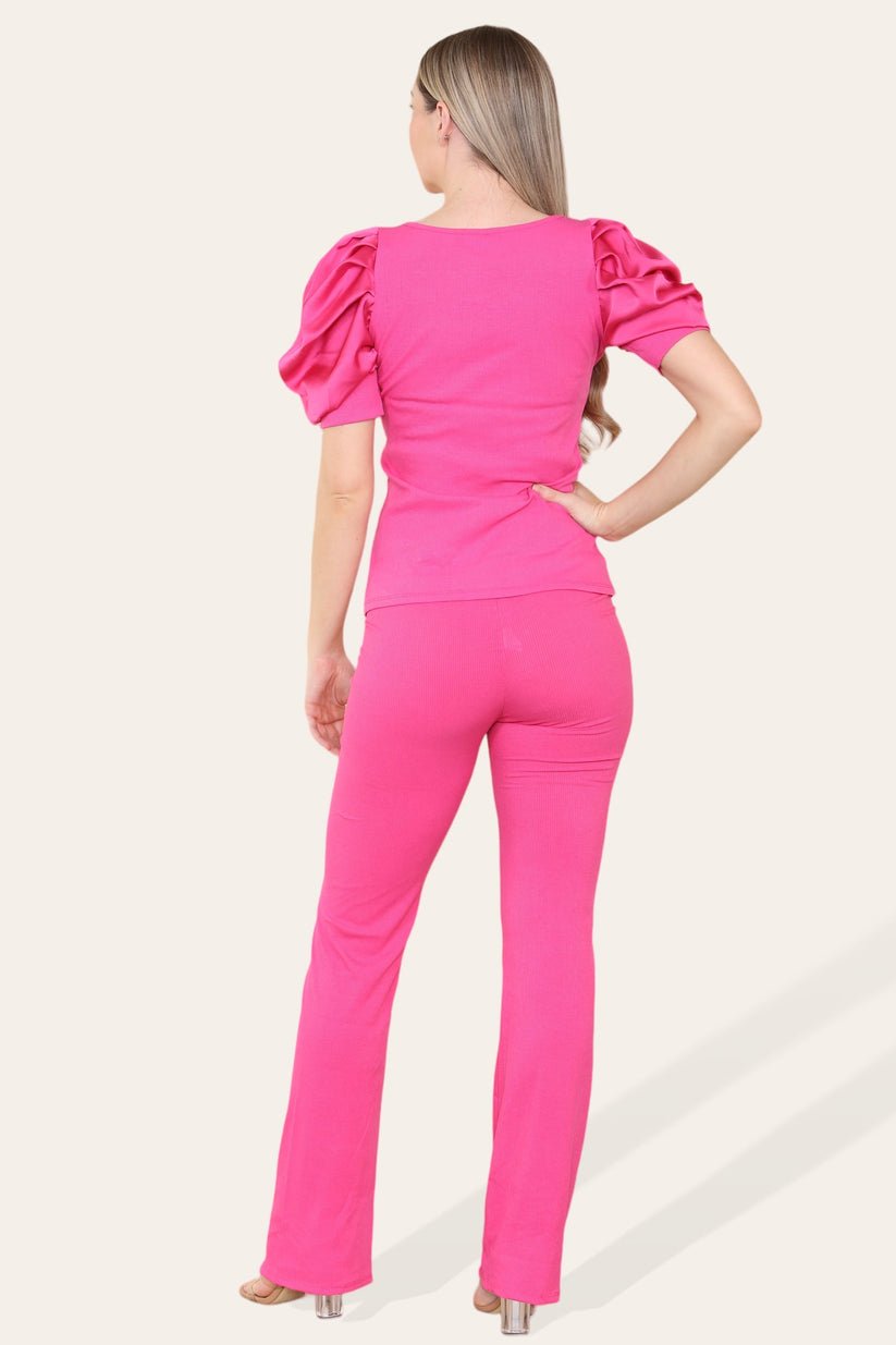 Women Silk Satin Puff Sleeves Co - Ord Top and Bottom Loungewear Suit - Remzs Fashion