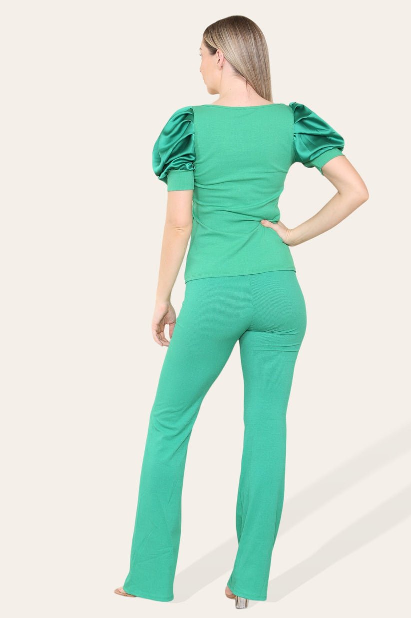 Women Silk Satin Puff Sleeves Co - Ord Top and Bottom Loungewear Suit - Remzs Fashion