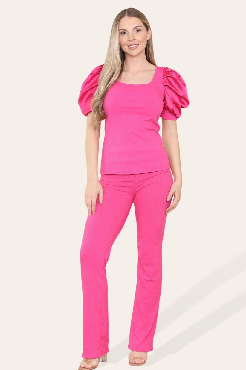 Women Silk Satin Puff Sleeves Co - Ord Top and Bottom Loungewear Suit - Remzs Fashion