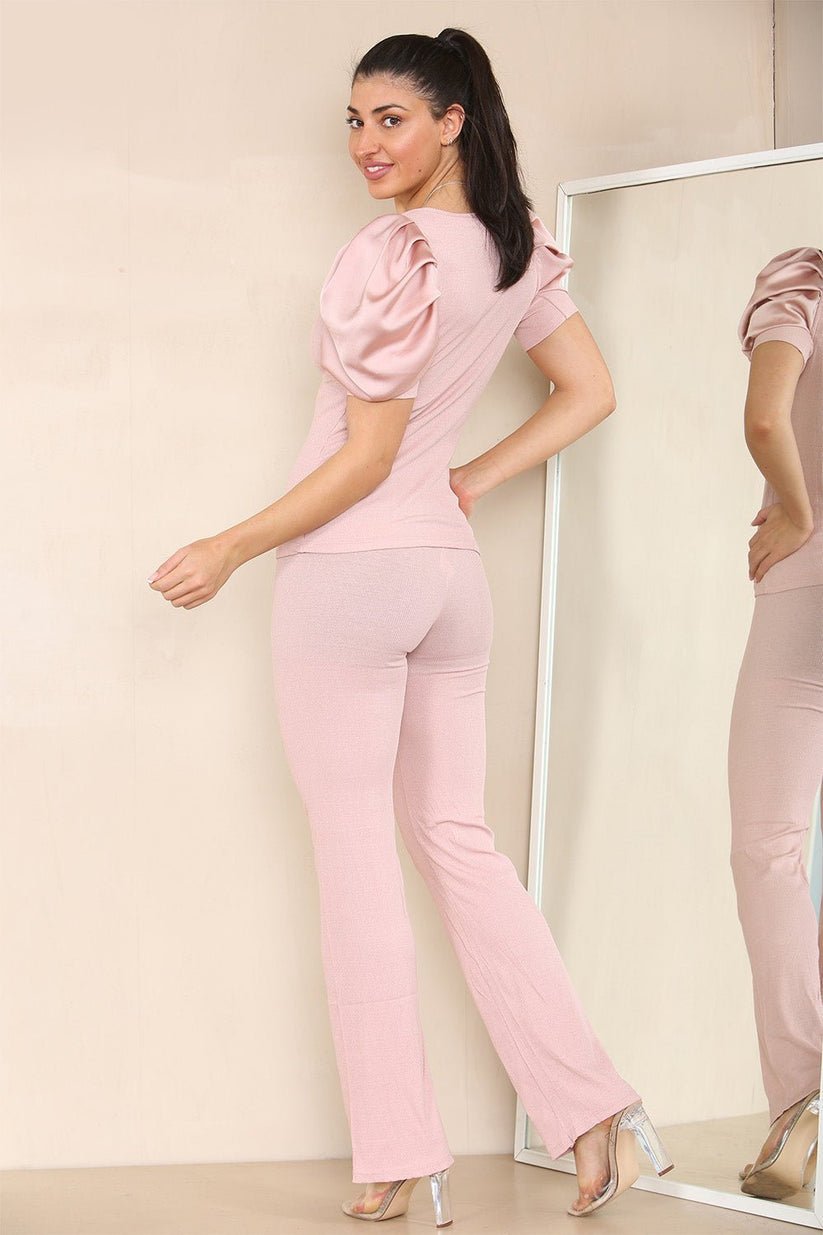 Women Silk Satin Puff Sleeves Co - Ord Top and Bottom Loungewear Suit - Remzs Fashion