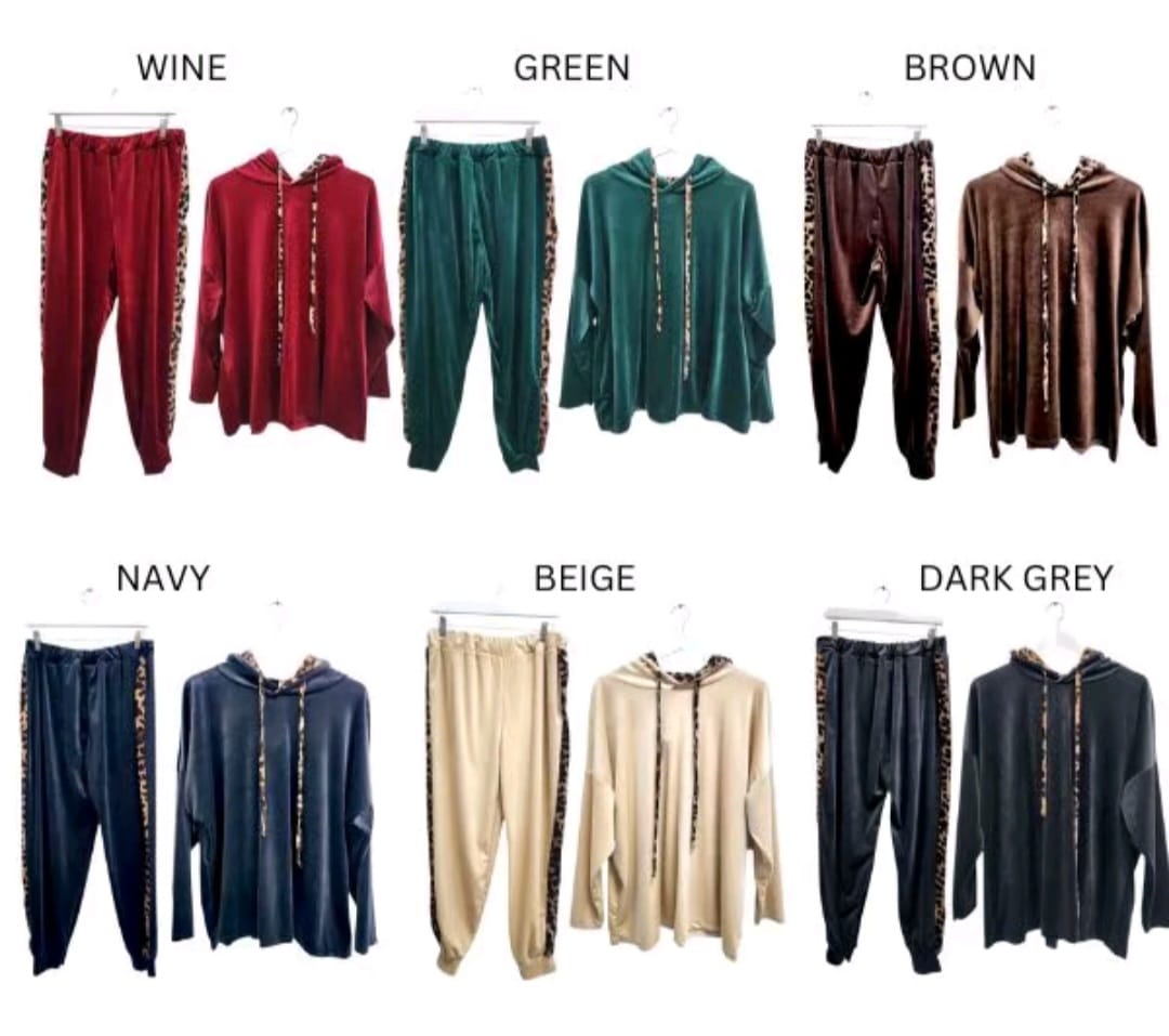 Women Velour Velvet Leopard Trim Loungewear Set - Remzs Fashion