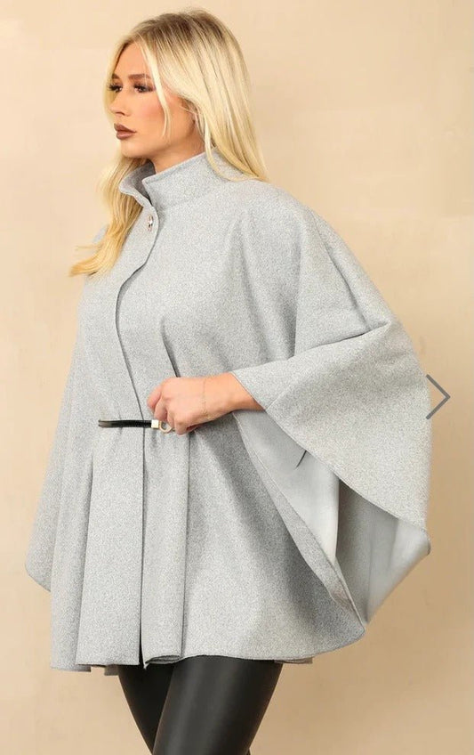 "Women's Batwing Sleeves Belted Cape Coat with Turtle Neck, Front Button Closure, Casual Winter Jumper Jacket - Remzs Fashion