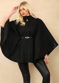 "Women's Batwing Sleeves Belted Cape Coat with Turtle Neck, Front Button Closure, Casual Winter Jumper Jacket - Remzs Fashion