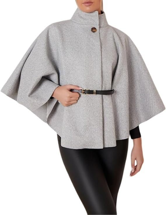 "Women's Batwing Sleeves Belted Cape Coat with Turtle Neck, Front Button Closure, Casual Winter Jumper Jacket - Remzs Fashion