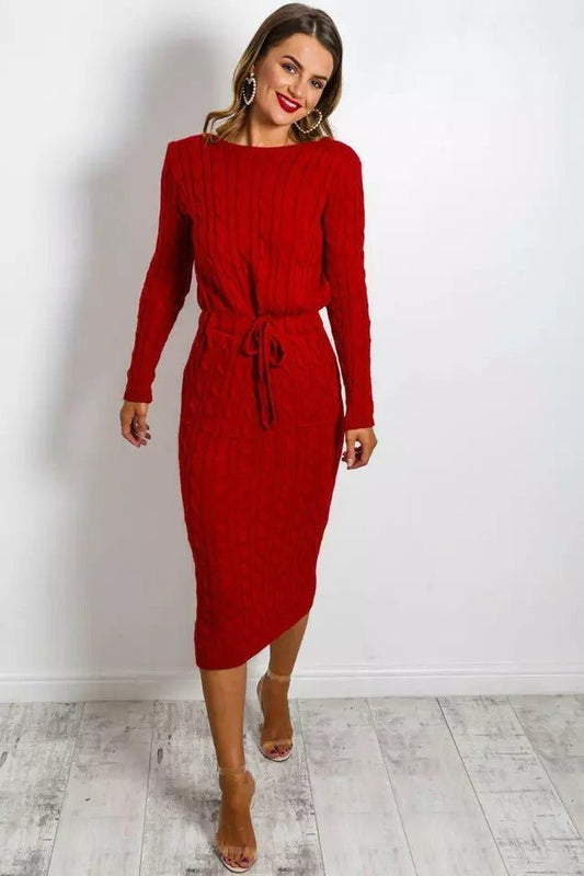 Women's Knit Tie Waist Drawstring Sweater Dress trendy clothes plus size fashion curve clothing - Remzs Fashion