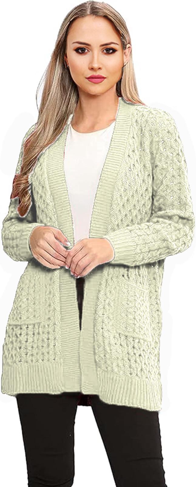 Womens Long Sleeves Crochet knitted Cable Open Knit Marl 2 Pocket Cardigan - Remzs Fashion