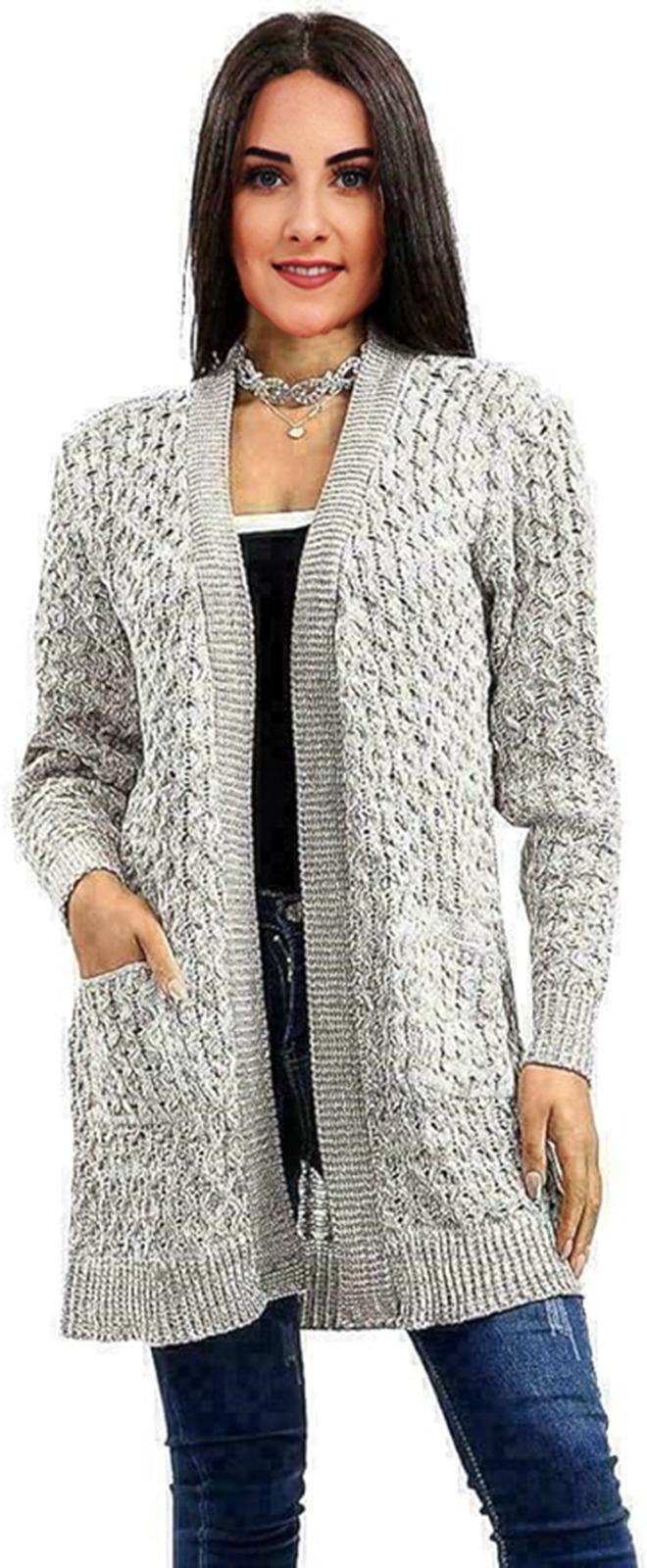 Womens Long Sleeves Crochet knitted Cable Open Knit Marl 2 Pocket Cardigan - Remzs Fashion