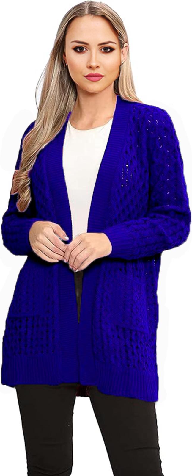 Womens Long Sleeves Crochet knitted Cable Open Knit Marl 2 Pocket Cardigan - Remzs Fashion