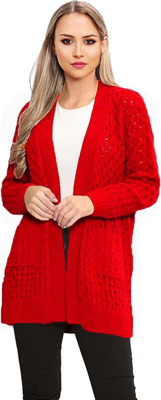 Womens Long Sleeves Crochet knitted Cable Open Knit Marl 2 Pocket Cardigan - Remzs Fashion