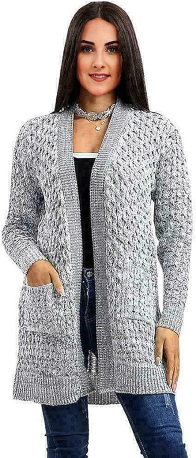 Womens Long Sleeves Crochet knitted Cable Open Knit Marl 2 Pocket Cardigan - Remzs Fashion