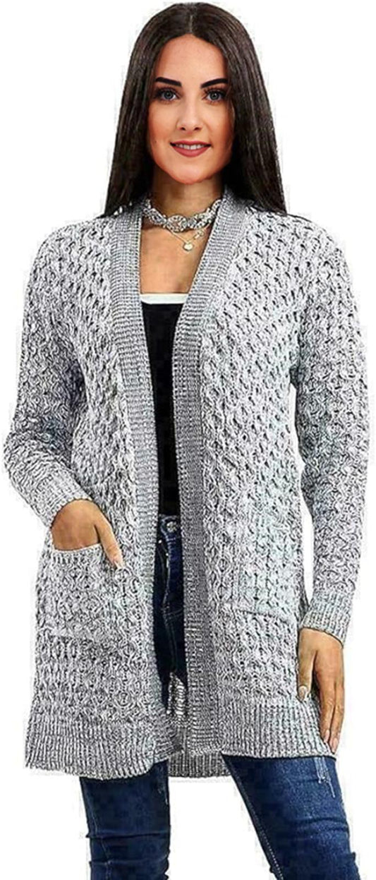 Womens Long Sleeves Crochet knitted Cable Open Knit Marl 2 Pocket Cardigan - Remzs Fashion