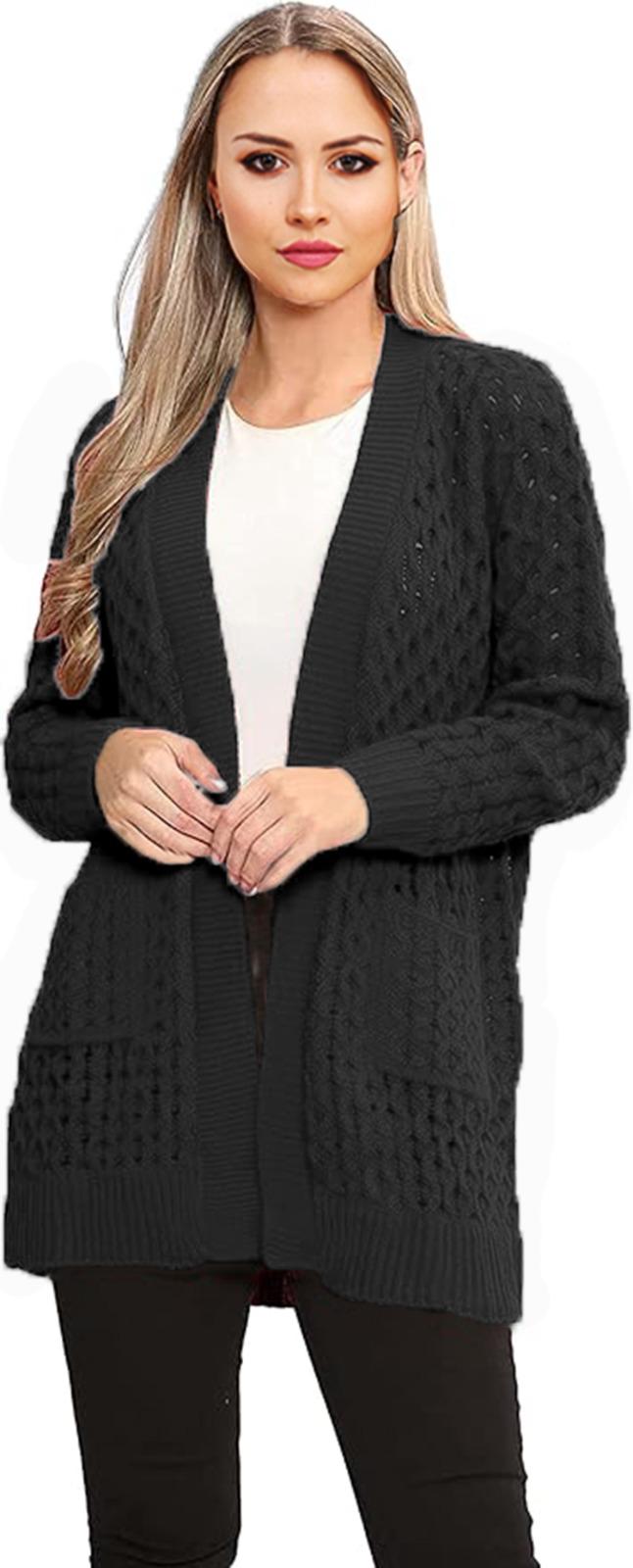 Womens Long Sleeves Crochet knitted Cable Open Knit Marl 2 Pocket Cardigan - Remzs Fashion