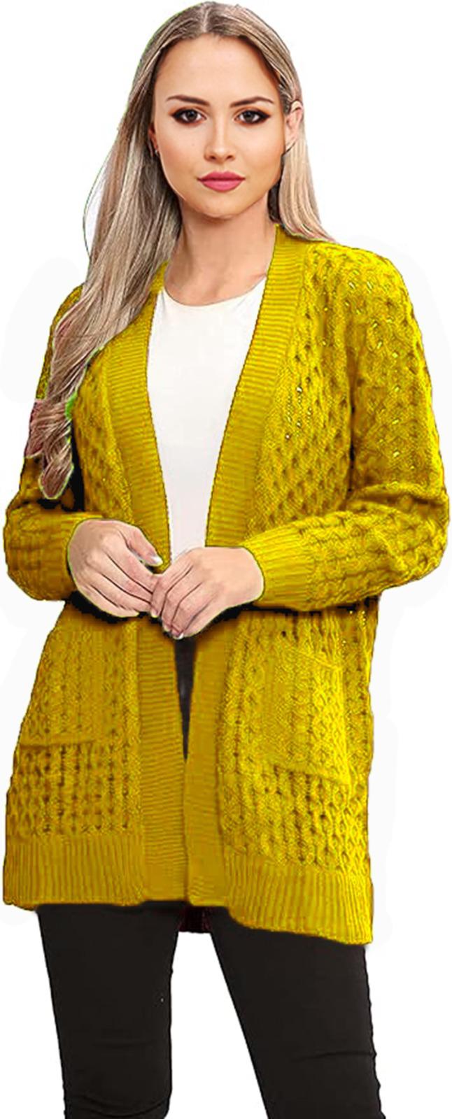 Womens Long Sleeves Crochet knitted Cable Open Knit Marl 2 Pocket Cardigan - Remzs Fashion
