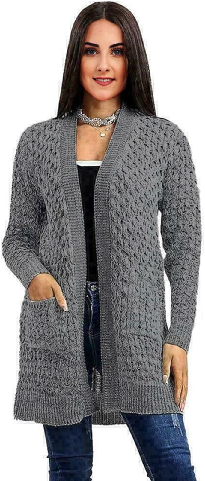 Womens Long Sleeves Crochet knitted Cable Open Knit Marl 2 Pocket Cardigan - Remzs Fashion