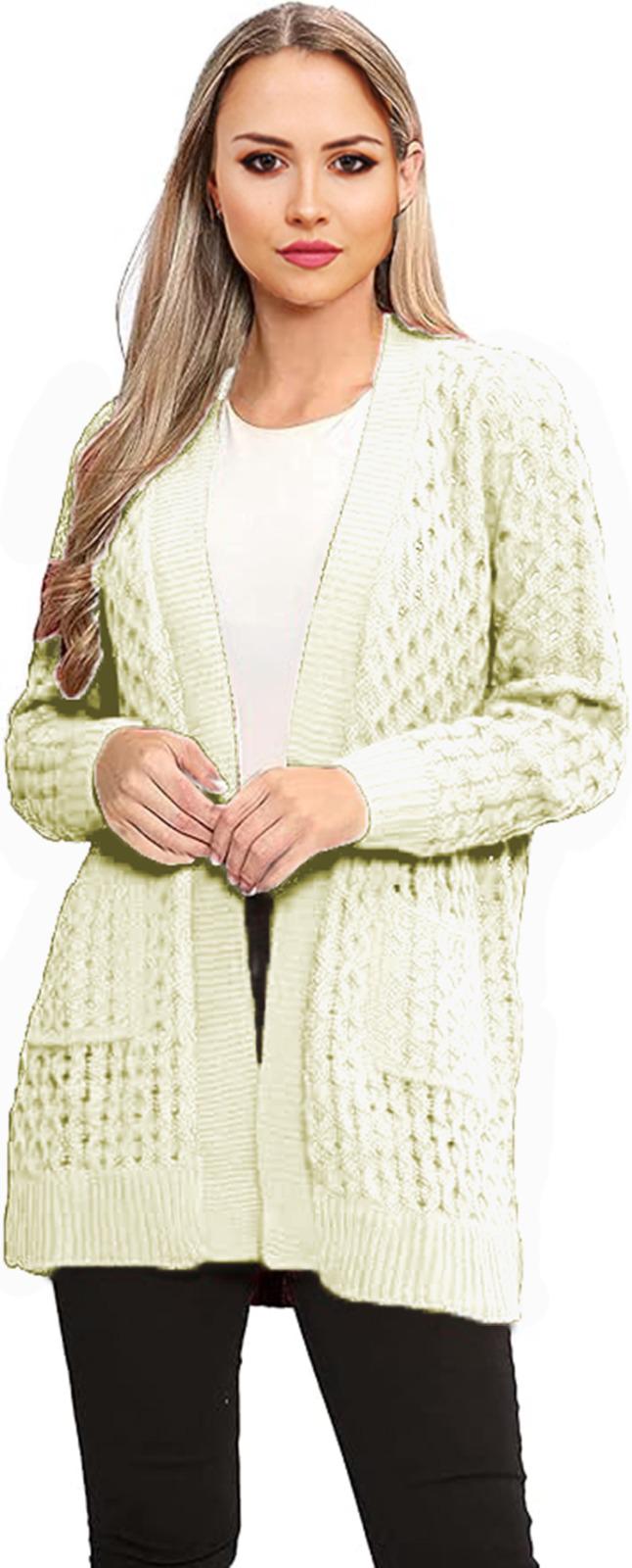 Womens Long Sleeves Crochet knitted Cable Open Knit Marl 2 Pocket Cardigan - Remzs Fashion