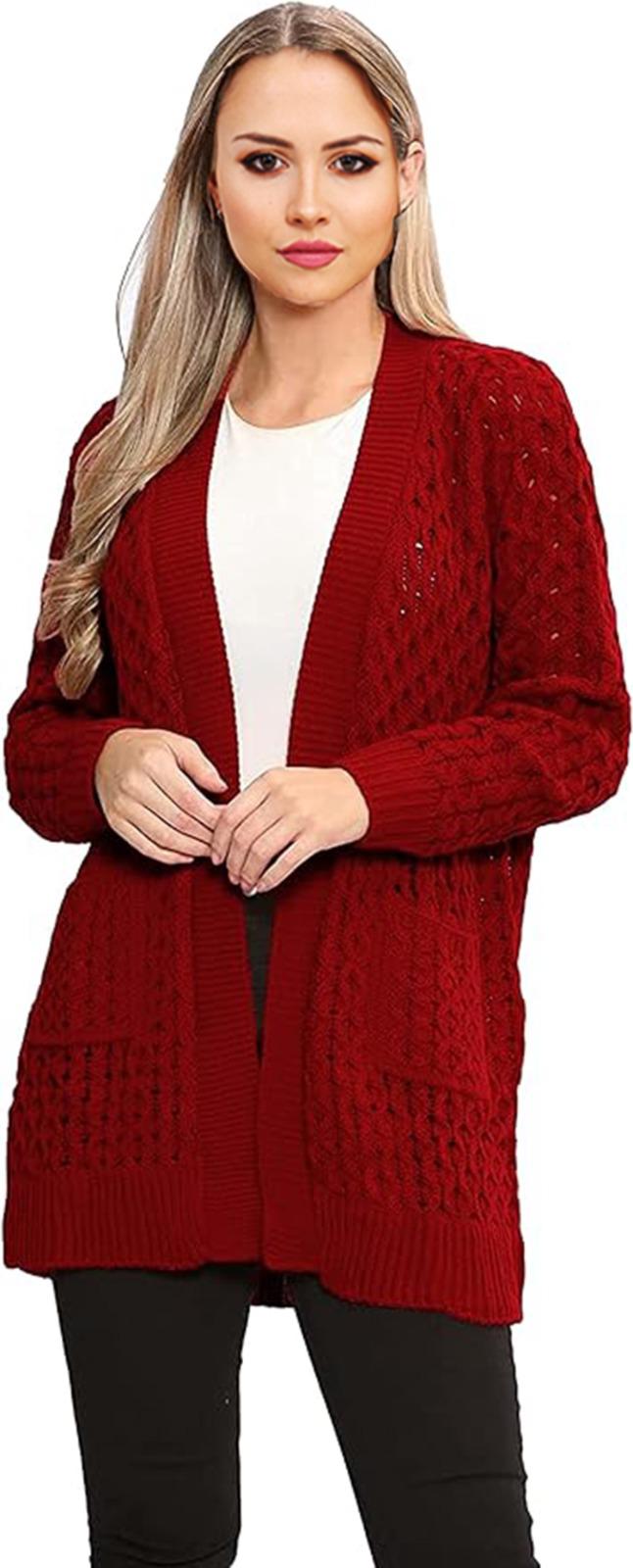 Womens Long Sleeves Crochet knitted Cable Open Knit Marl 2 Pocket Cardigan - Remzs Fashion