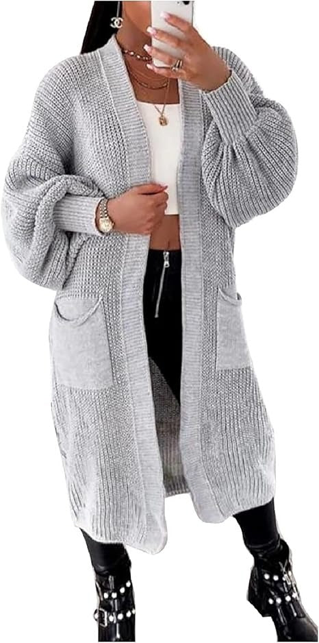 Women's Long Waffle Knit Open Balloon Sleeve Cardigan "Autumn Embrace Knit Cardigan" - Remzs Fashion