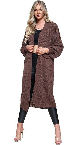 Women's Long Waffle Knit Open Balloon Sleeve Cardigan "Autumn Embrace Knit Cardigan" - Remzs Fashion