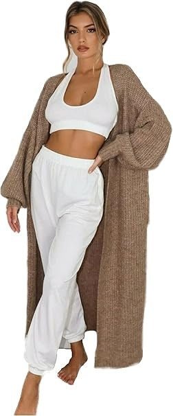 Women's Long Waffle Knit Open Balloon Sleeve Cardigan "Autumn Embrace Knit Cardigan" - Remzs Fashion
