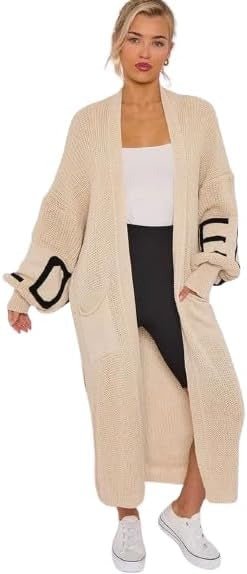Womens Open Front Knitted Cardigan Longline Love Print, Ladies Casual Soft Warm Oversized Two Pocket Balloon Sleeves Slouchy Knitwear Long Cardigan Sweater Top Jumper UK One Size 8 - 22 - Remzs Fashion