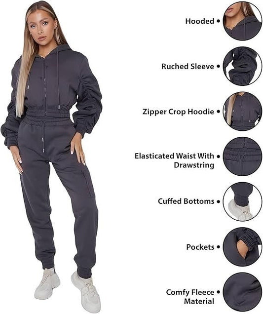 Women's Ruched Sleeve Tracksuit Full Zip Hoodie Top Bottoms Joggers Trousers 2 - Piece Loungewear Set, Size XS - L - Remzs Fashion