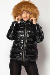 "Women's Wet - Look Puffer Jacket with Faux Fur Hood - Stylish Winter Coat" - Remzs Fashion