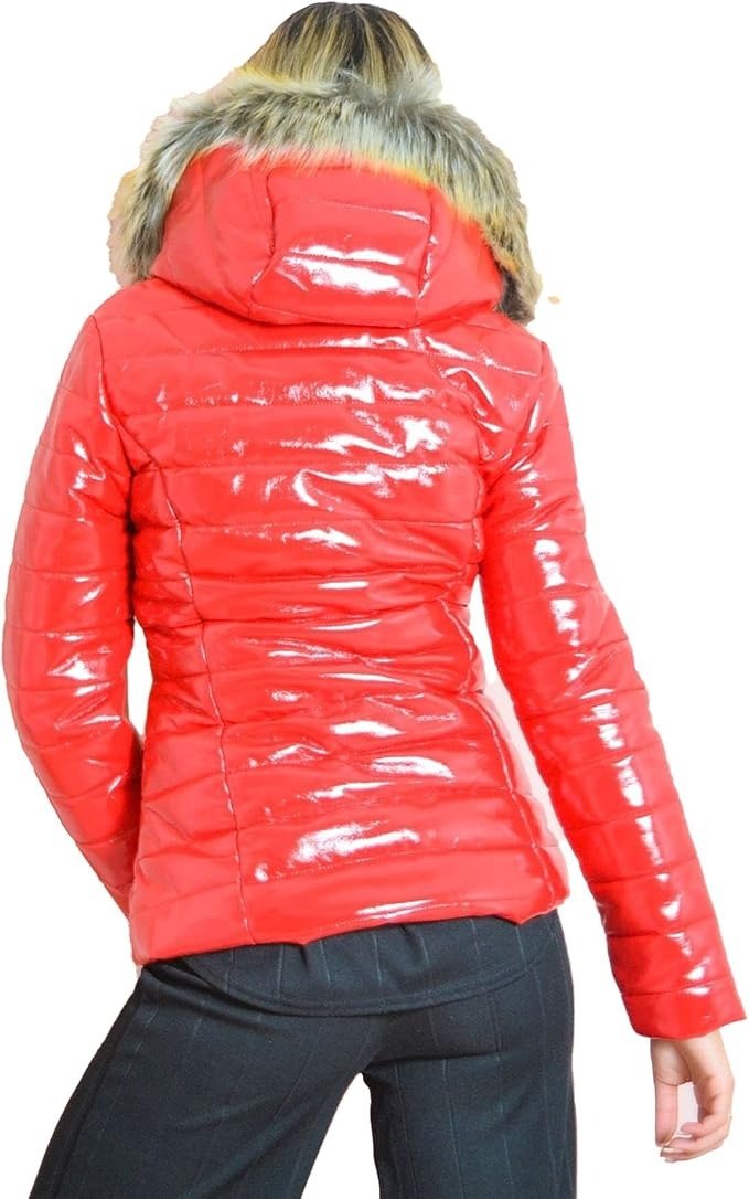 "Women's Wet - Look Puffer Jacket with Faux Fur Hood - Stylish Winter Coat" - Remzs Fashion