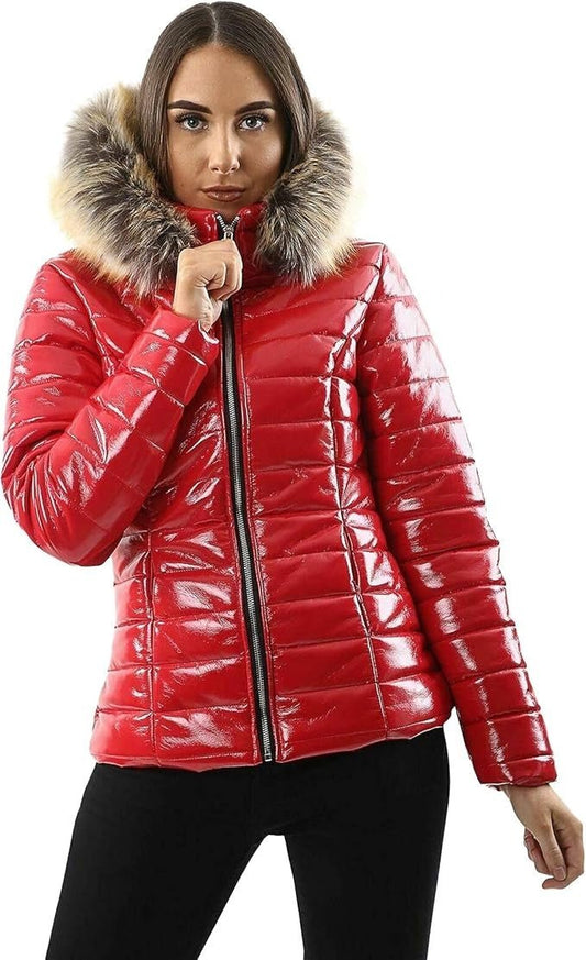"Women's Wet - Look Puffer Jacket with Faux Fur Hood - Stylish Winter Coat" - Remzs Fashion