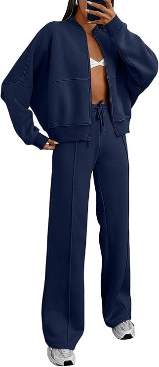 Womens Zip Up Sweatsuits Sets Lounge 2 Piece Outfits Oversized Fall Sweatshirt Fashion Wide Leg Sweatpants With Pockets - Remzs Fashion