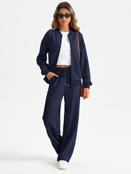 Womens Zip Up Sweatsuits Sets Lounge 2 Piece Outfits Oversized Fall Sweatshirt Fashion Wide Leg Sweatpants With Pockets - Remzs Fashion