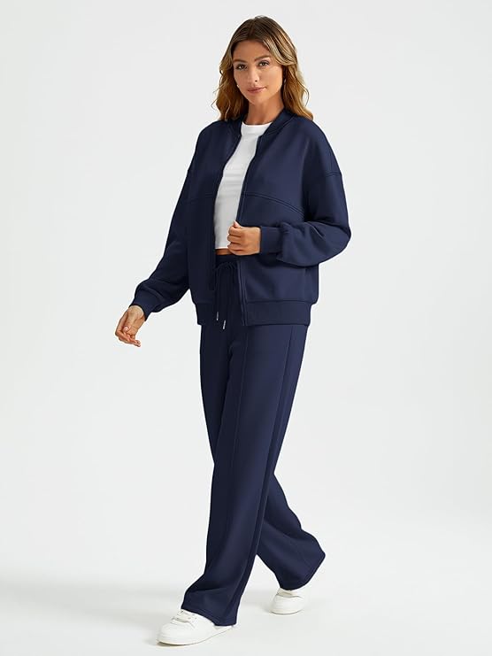 Womens Zip Up Sweatsuits Sets Lounge 2 Piece Outfits Oversized Fall Sweatshirt Fashion Wide Leg Sweatpants With Pockets - Remzs Fashion