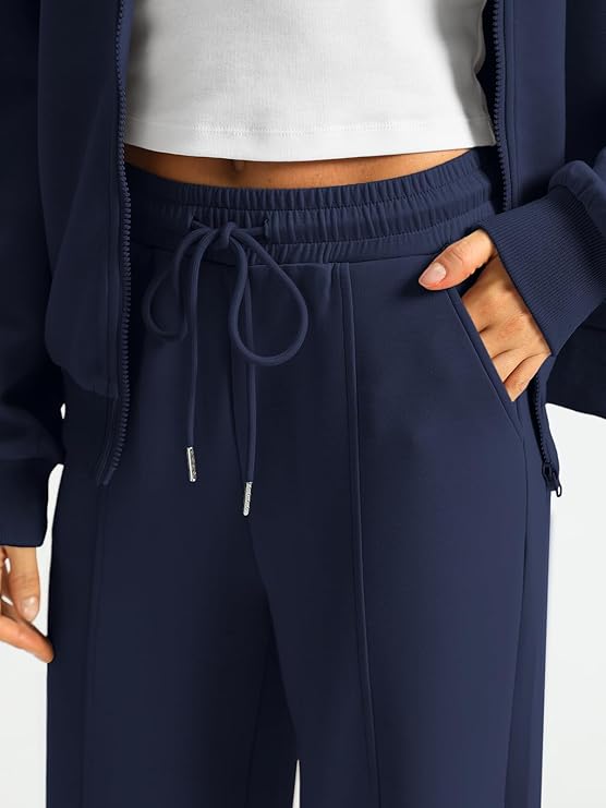 Womens Zip Up Sweatsuits Sets Lounge 2 Piece Outfits Oversized Fall Sweatshirt Fashion Wide Leg Sweatpants With Pockets - Remzs Fashion