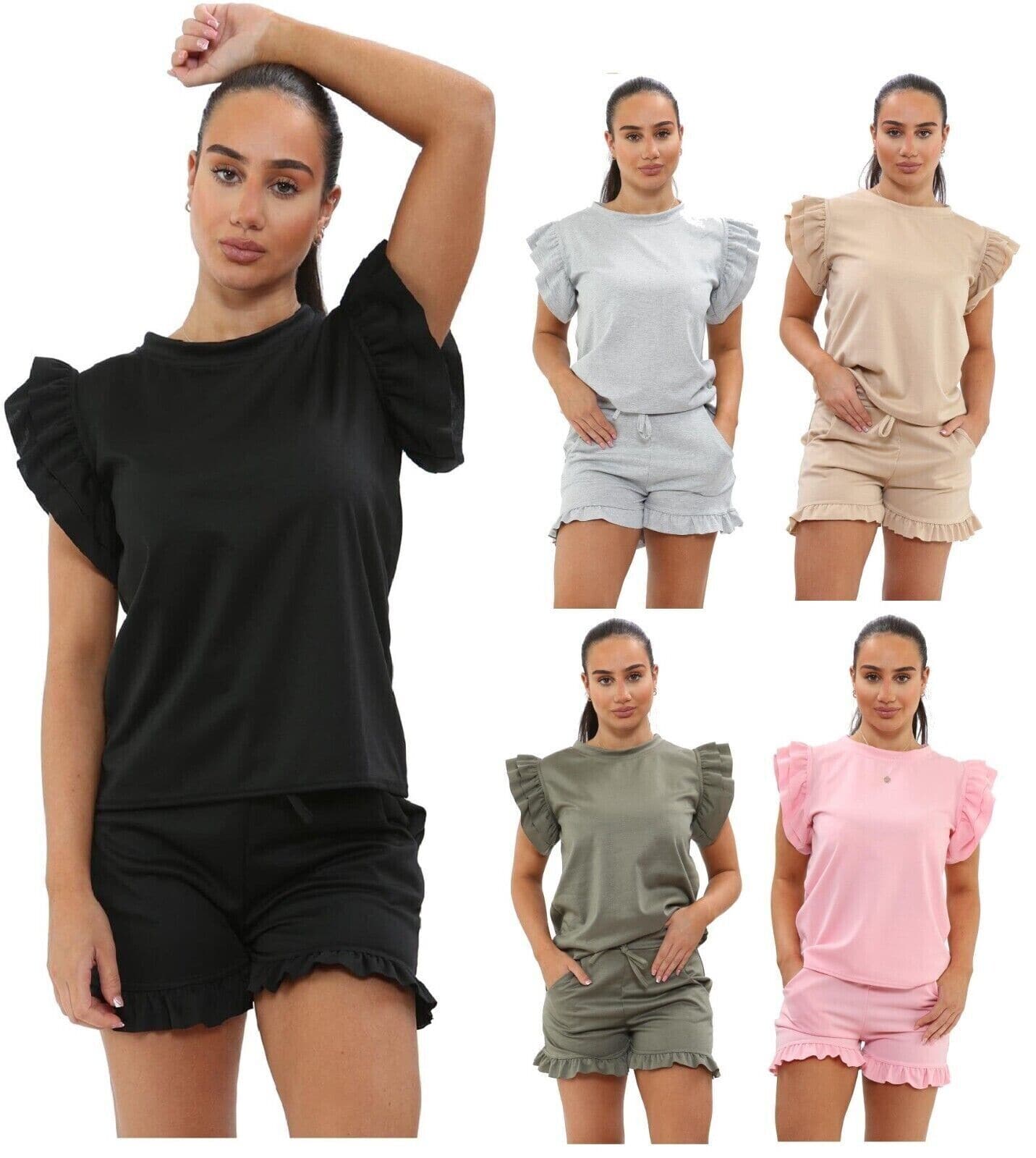 Ladies 2PCS Co ord Set Tracksuit Frill Peplum Short Sleeve Top Shorts - Remzs Fashion