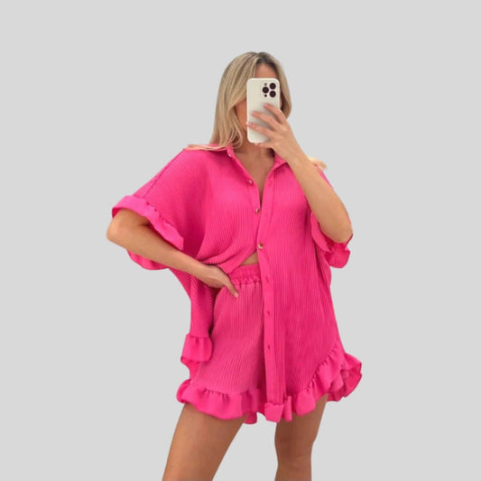 Ladies Womens Gold Button Pleated Frill Ruffle Shirt Short Co Order Set 8-16 - Remzs Fashion