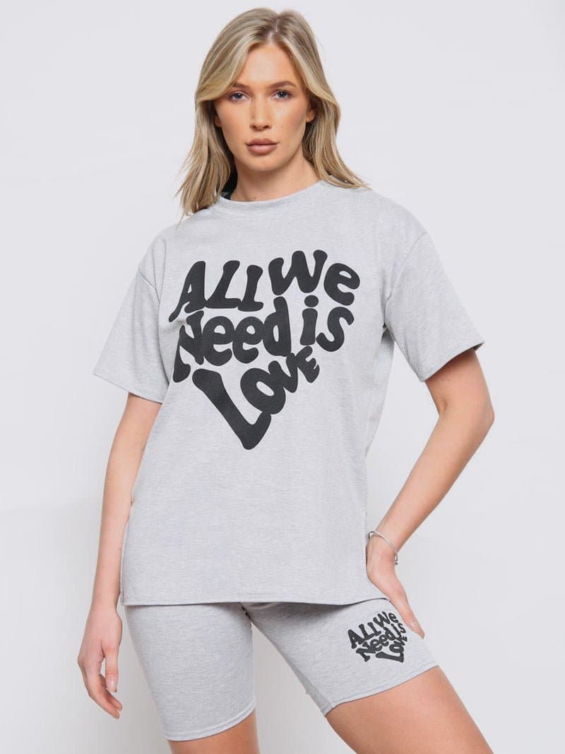 Women All We Need is Love Split Hem Cycling Short Top 2Pcs Set - Remzs Fashion