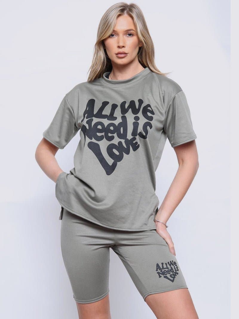 Women All We Need is Love Split Hem Cycling Short Top 2Pcs Set - Remzs Fashion