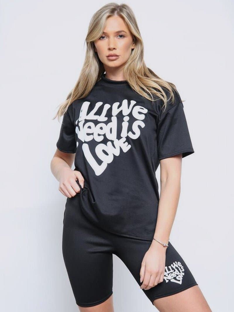 Women All We Need is Love Split Hem Cycling Short Top 2Pcs Set - Remzs Fashion