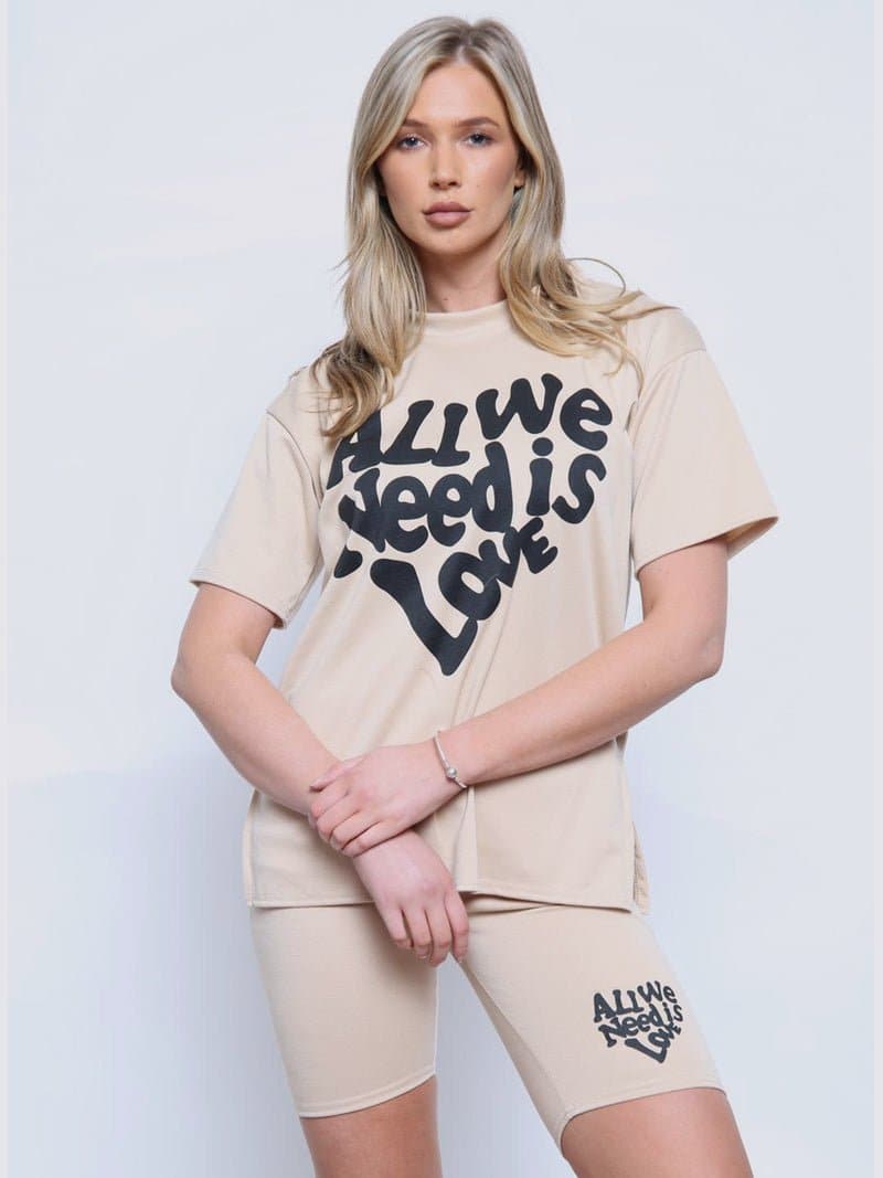 Women All We Need is Love Split Hem Cycling Short Top 2Pcs Set - Remzs Fashion