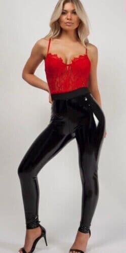 Ladies Latex Vinyl Shiny Leggings PVC PU High Waisted Stretch Wet