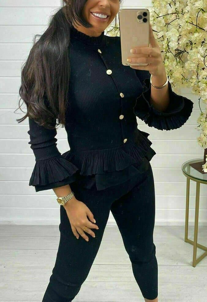 Women Ladies Fine Ribbed Frill Peplum Gold Button Loungewear Suit Tracksuit Set - Remzs Fashion