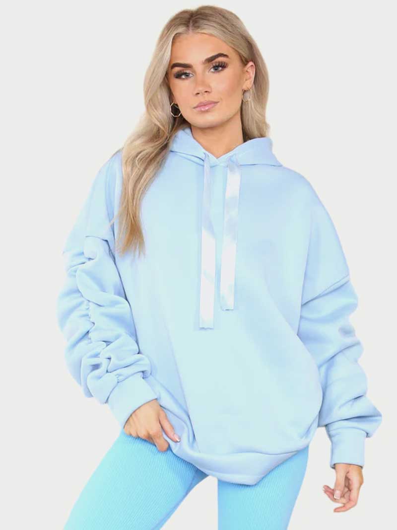 Women Oversized Ruched Sleeves Hoodie with Ribbon - Remzs Fashion
