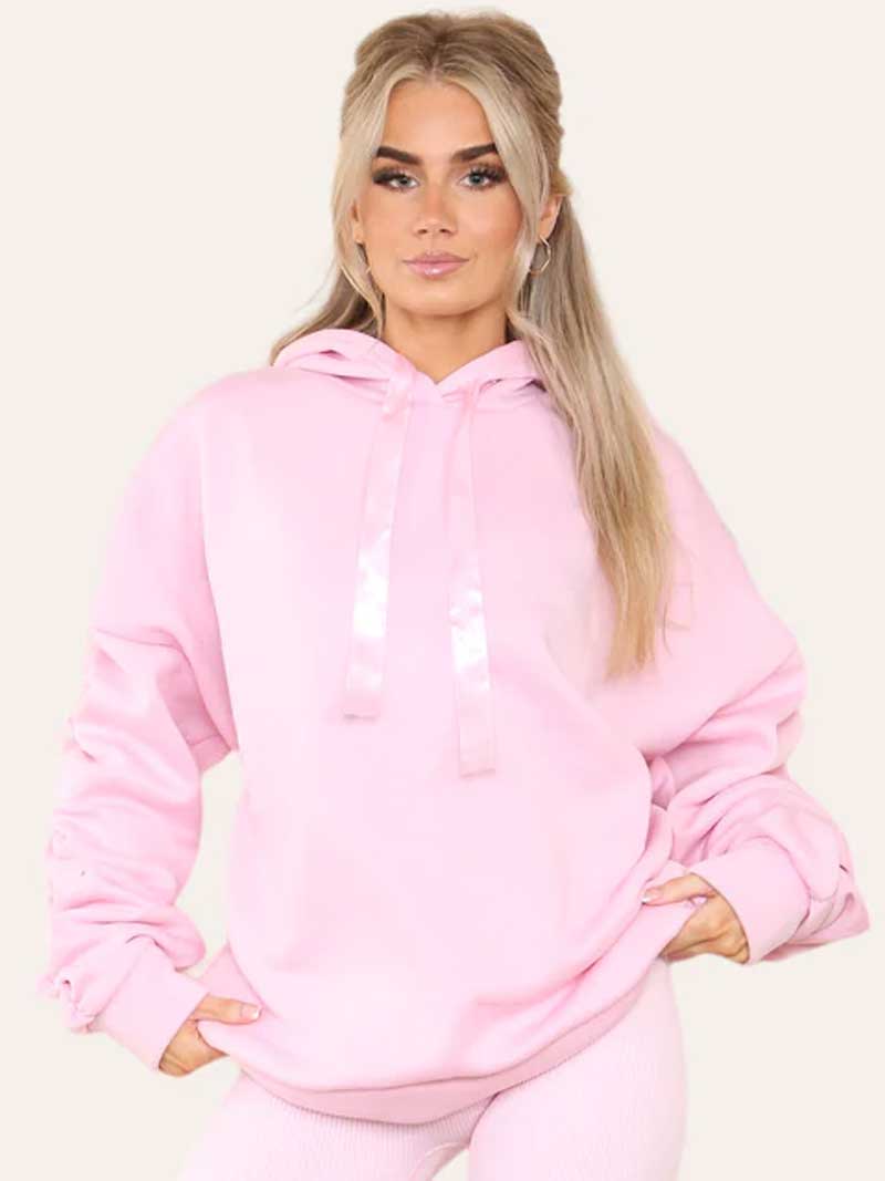 Women Oversized Ruched Sleeves Hoodie with Ribbon - Remzs Fashion