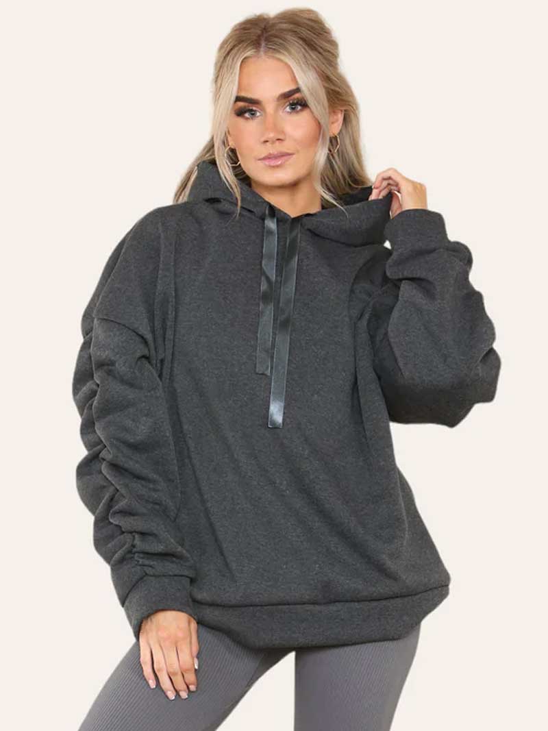 Women Oversized Ruched Sleeves Hoodie with Ribbon - Remzs Fashion