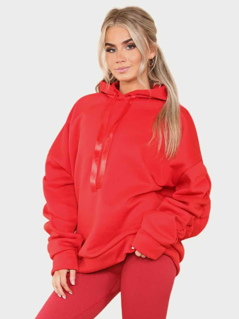 Women Oversized Ruched Sleeves Hoodie with Ribbon - Remzs Fashion